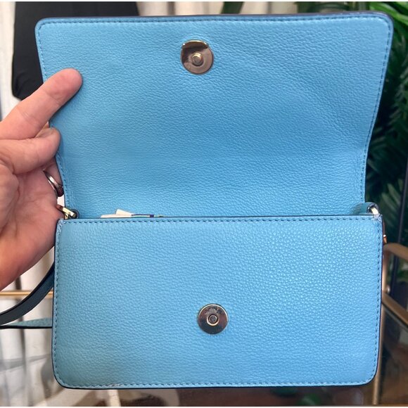 Tory Burch Blue Leather Serif Crossbody Bag With Gold Hardware & Logo Design - Picture 7 of 8